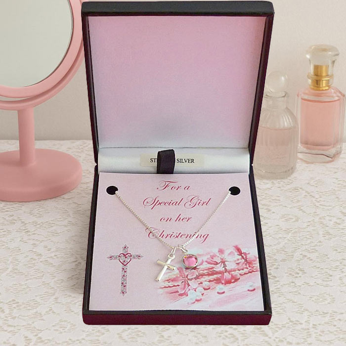 Girl's Sterling Silver Cross Birthstone Christening Necklace