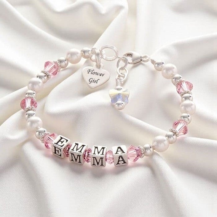 Personalised Silver & Pearl Flower Girl Bridesmaid Bracelet