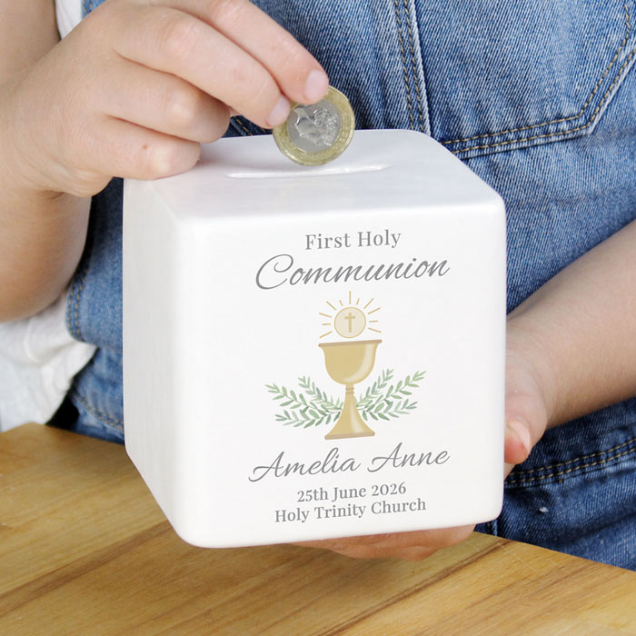 Personalised First Communion Money Box Ceramic Cube