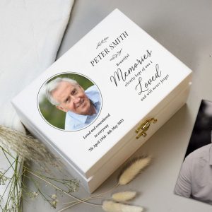 Personalised Memorial Photo Upload White Wooden Keepsake Box