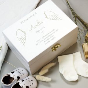 Personalised Angel Wings Memorial White Wooden Keepsake Box