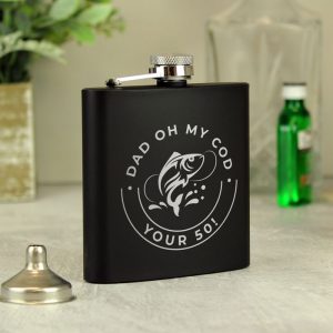Personalised Fishing Hip Flask Black Stainless Steel 6oz
