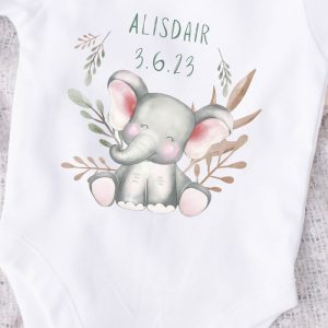 Personalised Happy Elephant White Baby Vest Various Sizes
