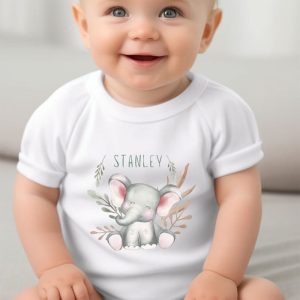 Personalised Happy Elephant White Baby Vest Various Sizes