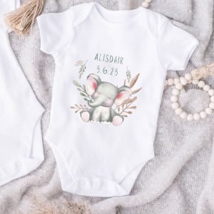 Personalised Happy Elephant White Baby Vest Various Sizes