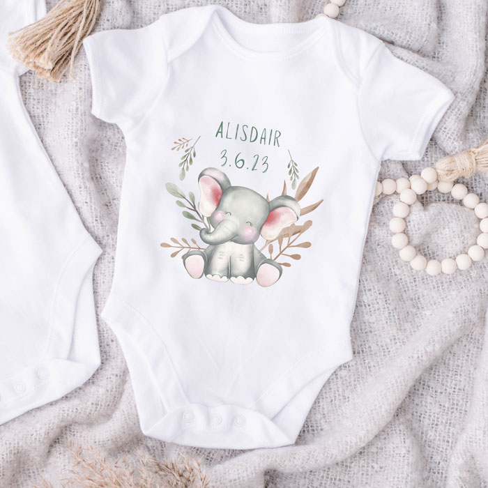 Personalised Happy Elephant White Baby Vest Various Sizes