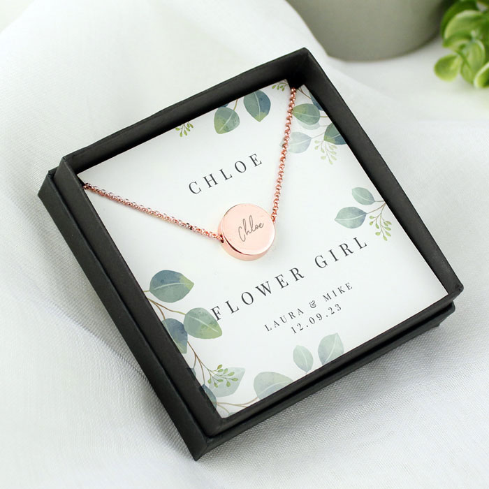 Personalised Rose Gold Necklace & Box Flower Girl Bridesmaid