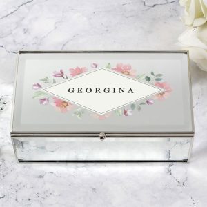 Large Personalised Floral Watercolour Mirrored Jewellery Box