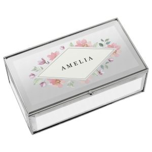 Large Personalised Floral Watercolour Mirrored Jewellery Box