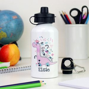 Girl's Personalised Pink Dinosaur Aluminium Water Bottle