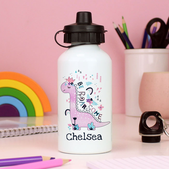Girl's Personalised Pink Dinosaur Aluminium Water Bottle