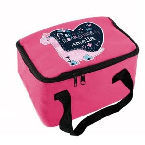 Girl's Personalised Dinosaur Pink Insulated School Lunch Bag