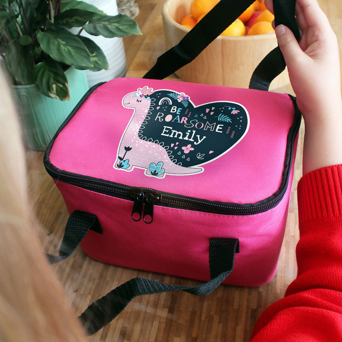 Girl's Personalised Dinosaur Pink Insulated School Lunch Bag