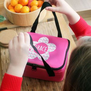 Girl's Personalised Flower Themed Pink School Lunch Bag