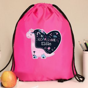 Girl's Personalised Dinosaur Pink P.E. Kit School Bag