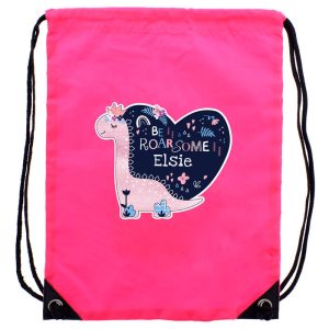Girl's Personalised Dinosaur Pink P.E. Kit School Bag