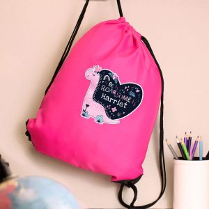 Girl's Personalised Dinosaur Pink P.E. Kit School Bag