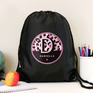 Girl's Personalised Leopard Print Black P.E. Kit Bag
