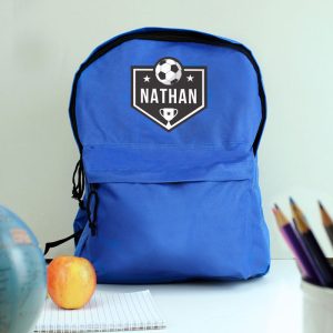 Personalised Football Themed Blue Backpack School Bag