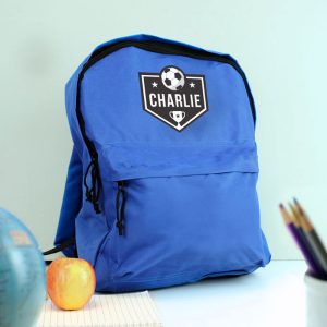 Personalised Football Themed Blue Backpack School Bag