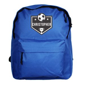 Personalised Football Themed Blue Backpack School Bag