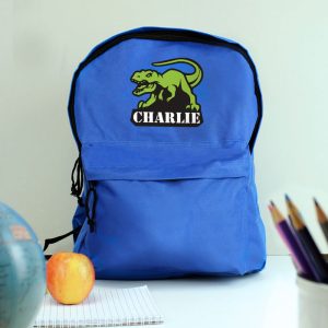 Personalised T-Rex Dinosaur Blue Backpack School Bag