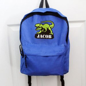 Personalised T-Rex Dinosaur Blue Backpack School Bag