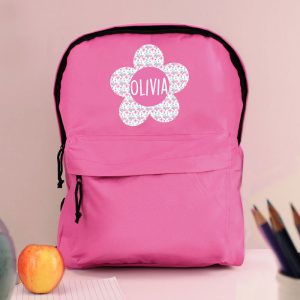 Girl's Personalised Flower Pink Backpack School Bag