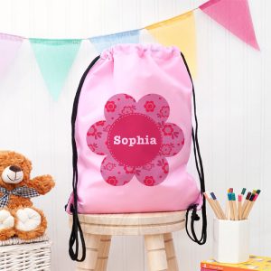Girl's Personalised Pink Flower Waterproof Swim or P.E. Bag