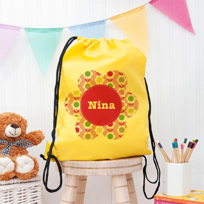 Girls Personalised Yellow Flower Waterproof Swim or P.E. Bag