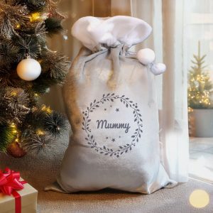 Personalised Holly Wreath Silver Christmas Santa Sack