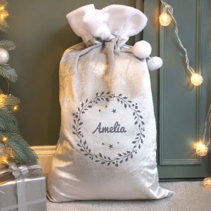 Personalised Holly Wreath Silver Christmas Santa Sack