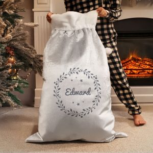 Personalised Holly Wreath Silver Christmas Santa Sack