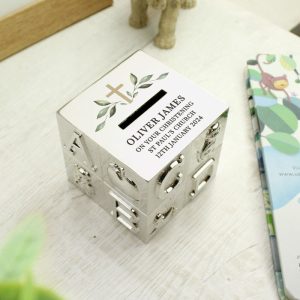 Personalised Colourful Cross ABC Silver Plated Money Box