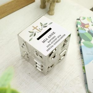 Personalised Colourful Cross ABC Silver Plated Money Box