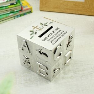 Personalised Colourful Cross ABC Silver Plated Money Box