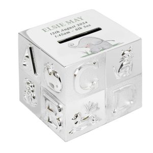 Personalised Silver Finish Elephant ABC Baby Money Box