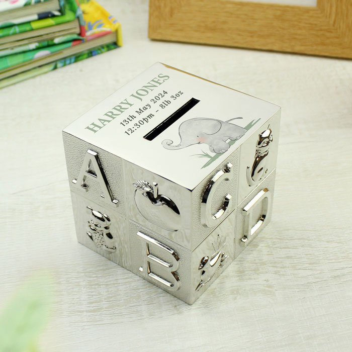 Personalised Silver Finish Elephant ABC Baby Money Box