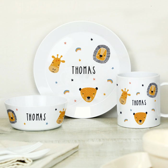 Personalised Safari Animals Plastic Children's Breakfast Set