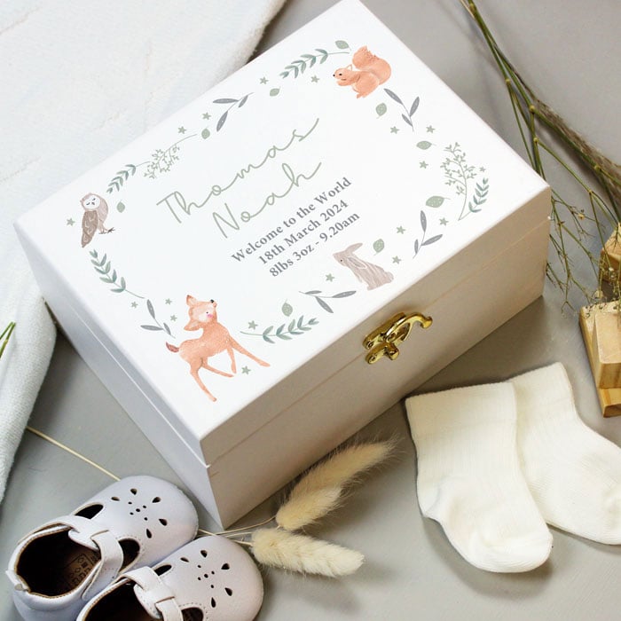 Personalised Woodland Animal Wooden Baby Keepsake Box