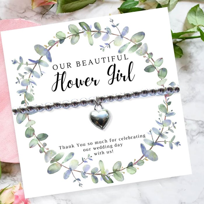 Flower Girl Heart Bracelet and Eucalyptus Thank You Card