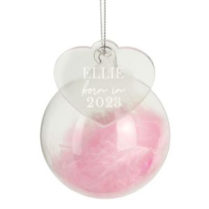 Personalised Born In Pink Feather Glass Bauble & Heart Tag