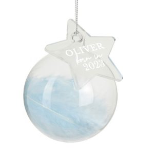 Personalised Blue Born In Feather Glass Bauble With Star Tag