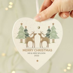 Personalised Reindeer Couple Wooden Heart Tree Decoration