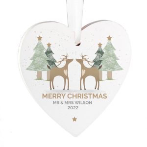 Personalised Reindeer Couple Wooden Heart Tree Decoration