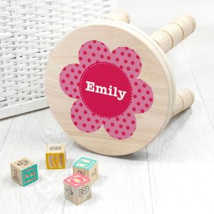 Personalised Girl's Pink Flower Wooden Stool