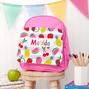 Girl's Personalised Fruit Patterned Rucksack Red or Pink