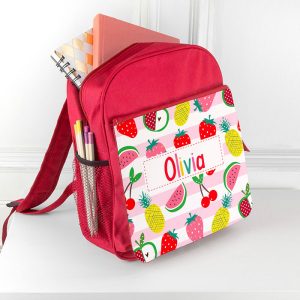 Girl's Personalised Fruit Patterned Rucksack Red or Pink