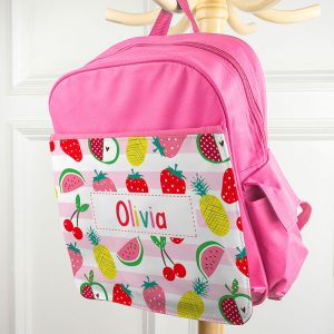 Girl's Personalised Fruit Patterned Rucksack Red or Pink