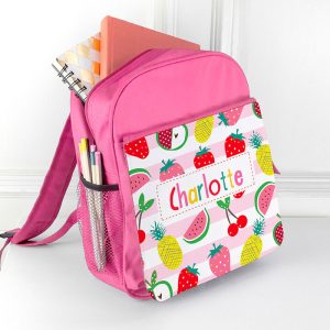 Girl's Personalised Fruit Patterned Rucksack Red or Pink